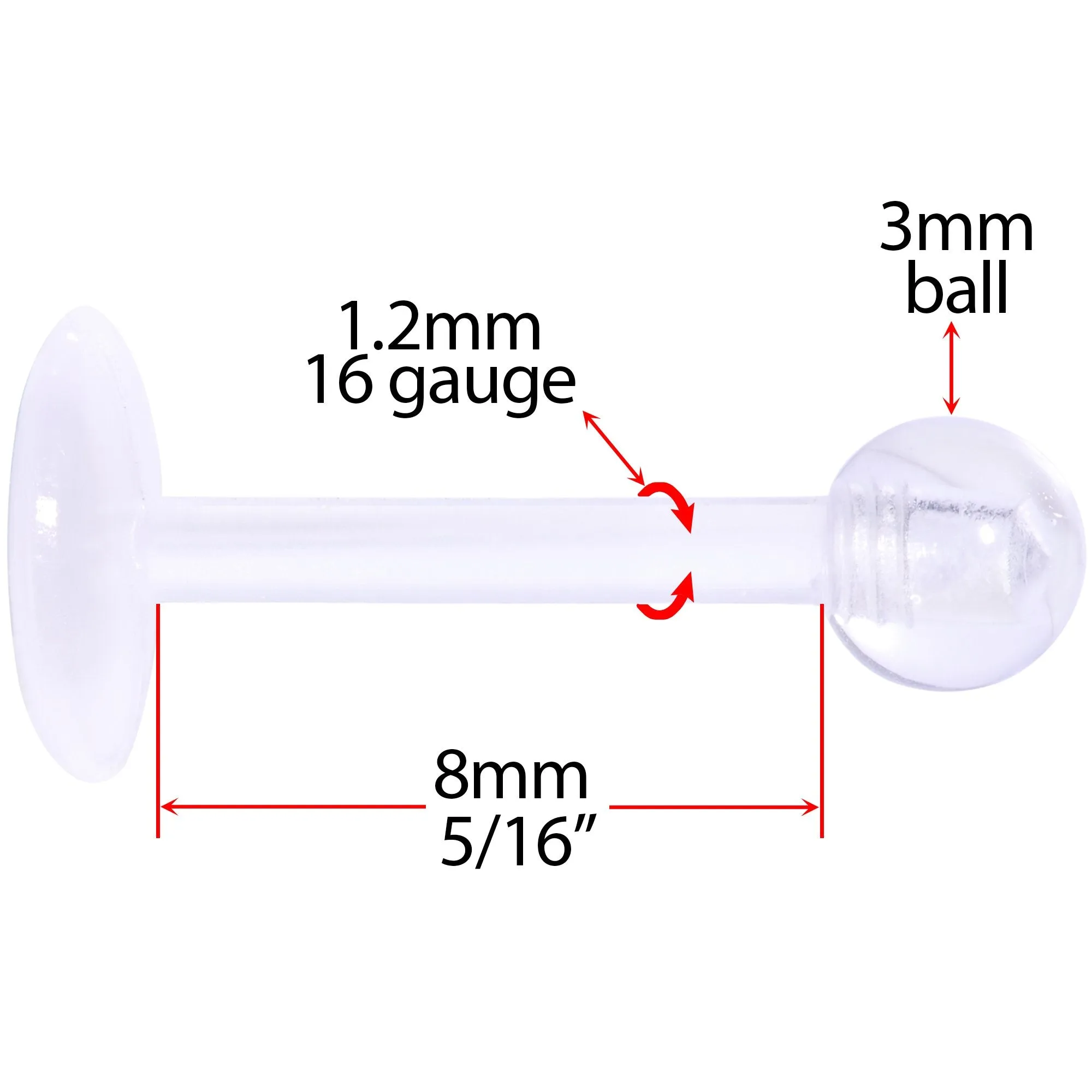 16 Gauge 5/16 Clear Flexible Bioplast Labret Monroe Tragus Retainer