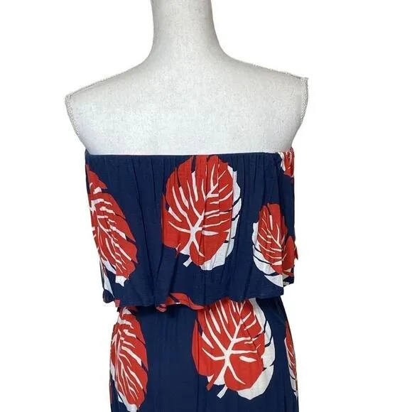 187. Lucky Brand Strapless Maxi Dress - Small - Navy Blue/Orange - Boho Chic