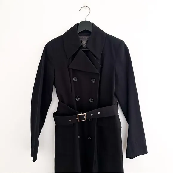 Banana Republic Women’s Black Long Double Breasted Trench Rain Coat Belted