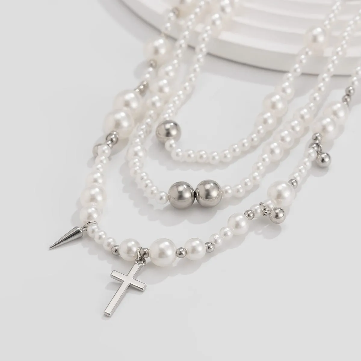 Chic Silver Plated Cross Pendant Pearl Long Chain Necklace