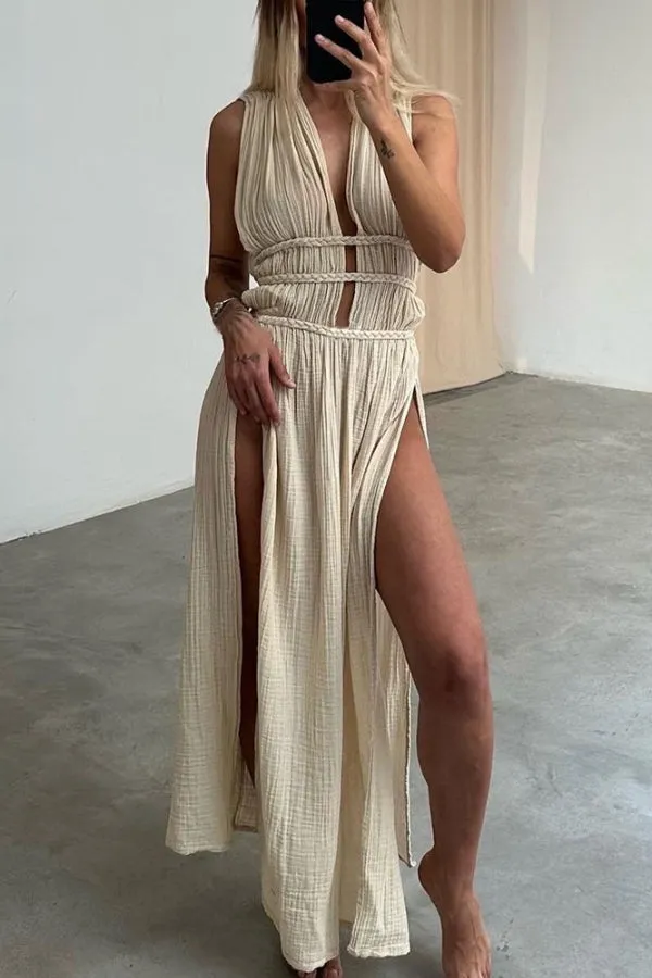 Chic slit braided lace-up cotton and linen dress