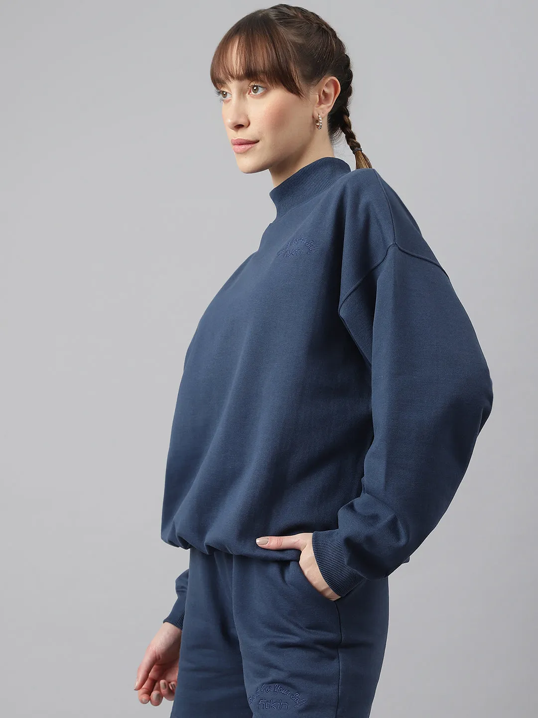 Fitkin Women Blue Crew Neck Oversized Sweatshirt