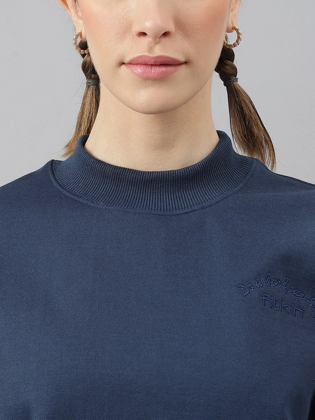 Fitkin Women Blue Crew Neck Regular Fit Sweatshirt