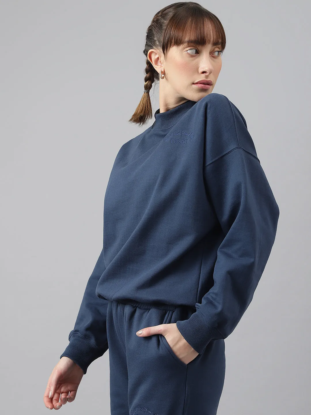 Fitkin Women Blue Crew Neck Regular Fit Sweatshirt