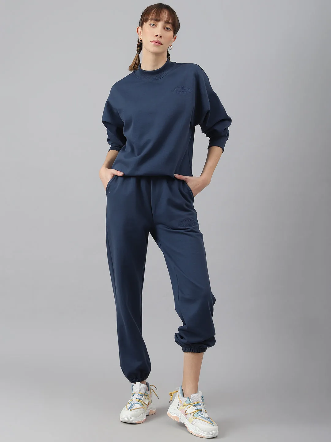Fitkin Women Blue Crew Neck Regular Fit Sweatshirt