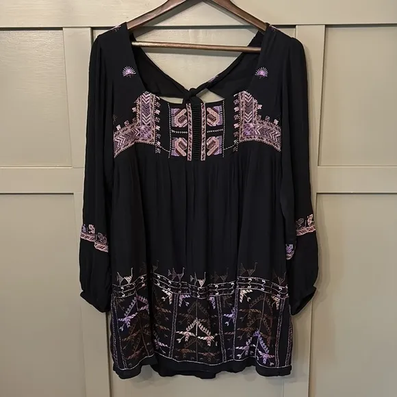 Free People Rhiannon Embroidered Babydoll Dress in Black Long Sleeves Size Small