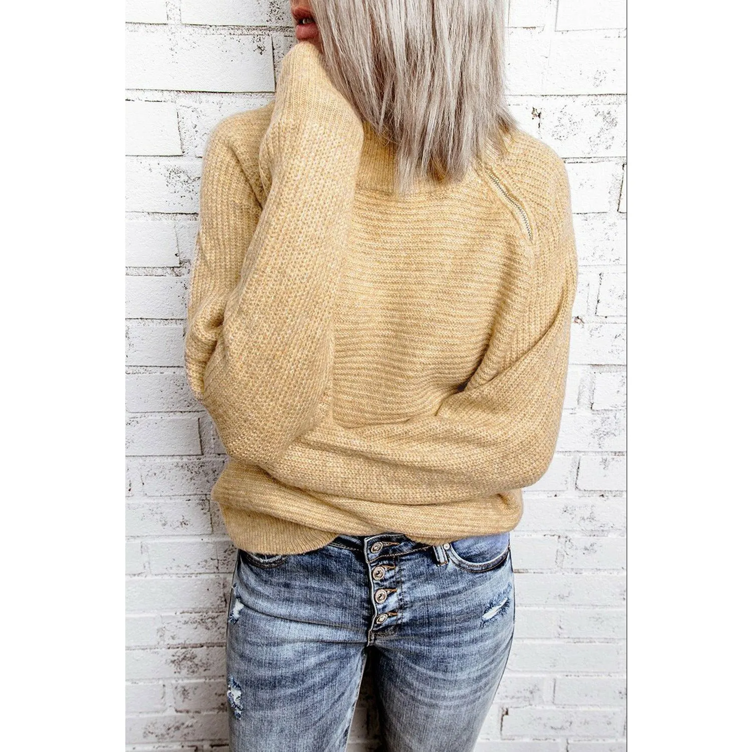 Gray Zip Knitted High Neck Sweater