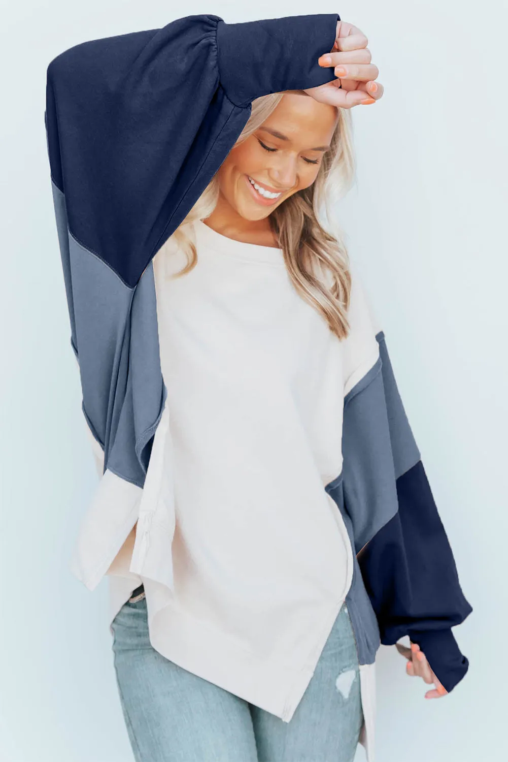Navy Blue Color Block Sleeve Patchwork Oversized Sweatshirt