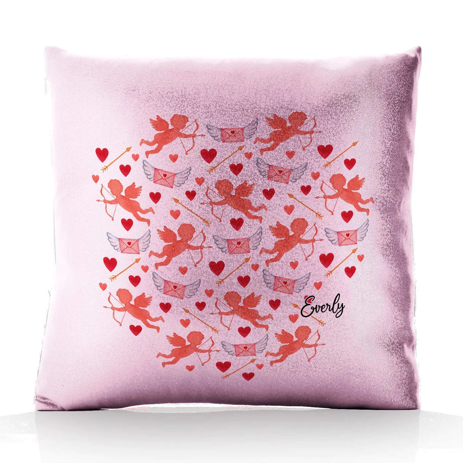 Personalised Glitter Cushion with Stylish Text and Cupid Hearts Print
