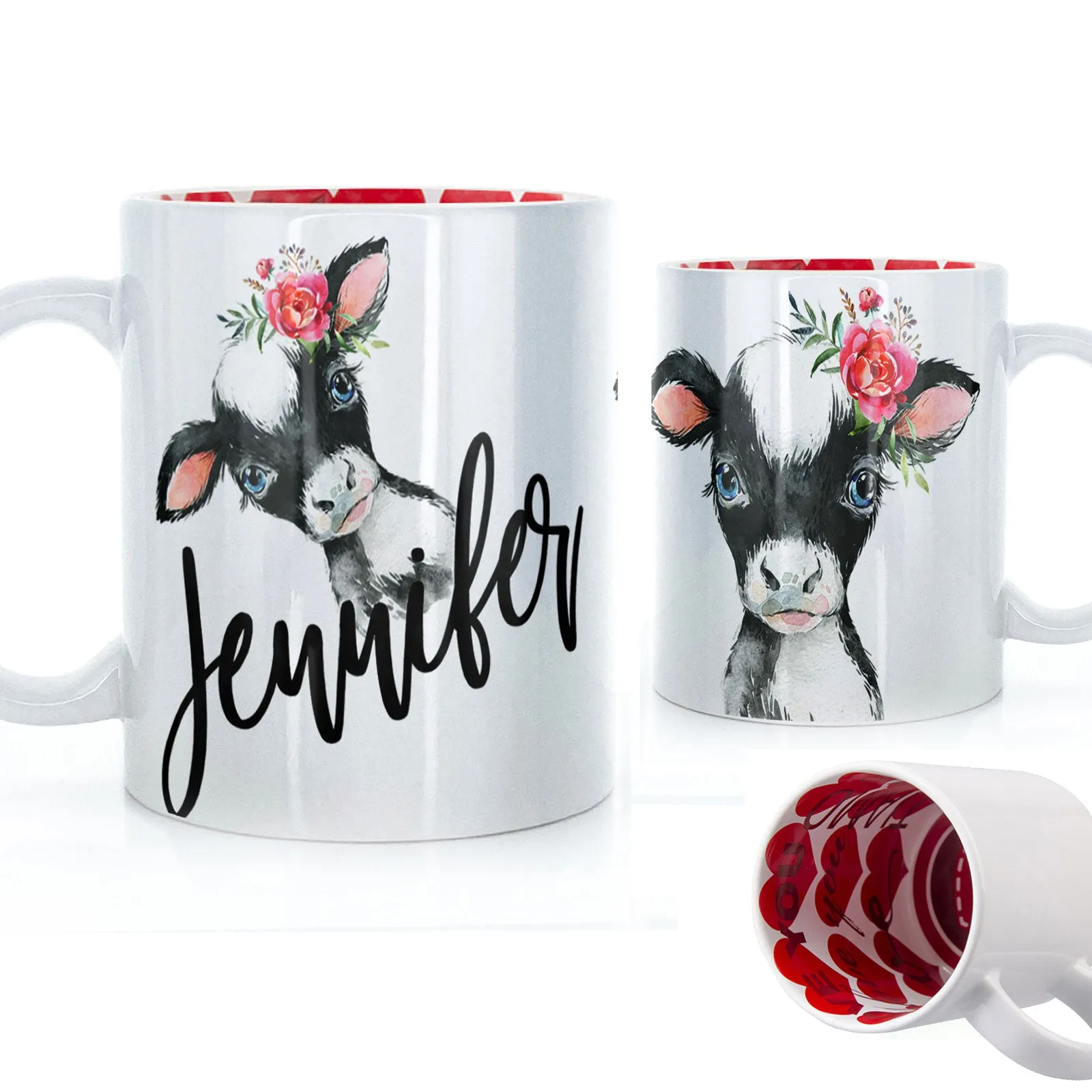 Personalised Mug with Stylish Text and Pink Flower Cow