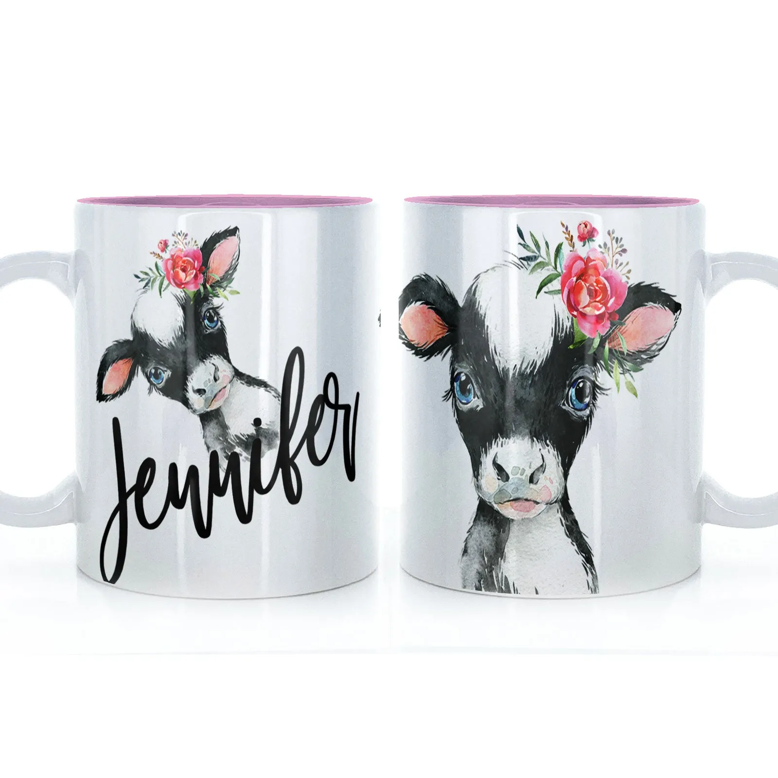 Personalised Mug with Stylish Text and Pink Flower Cow