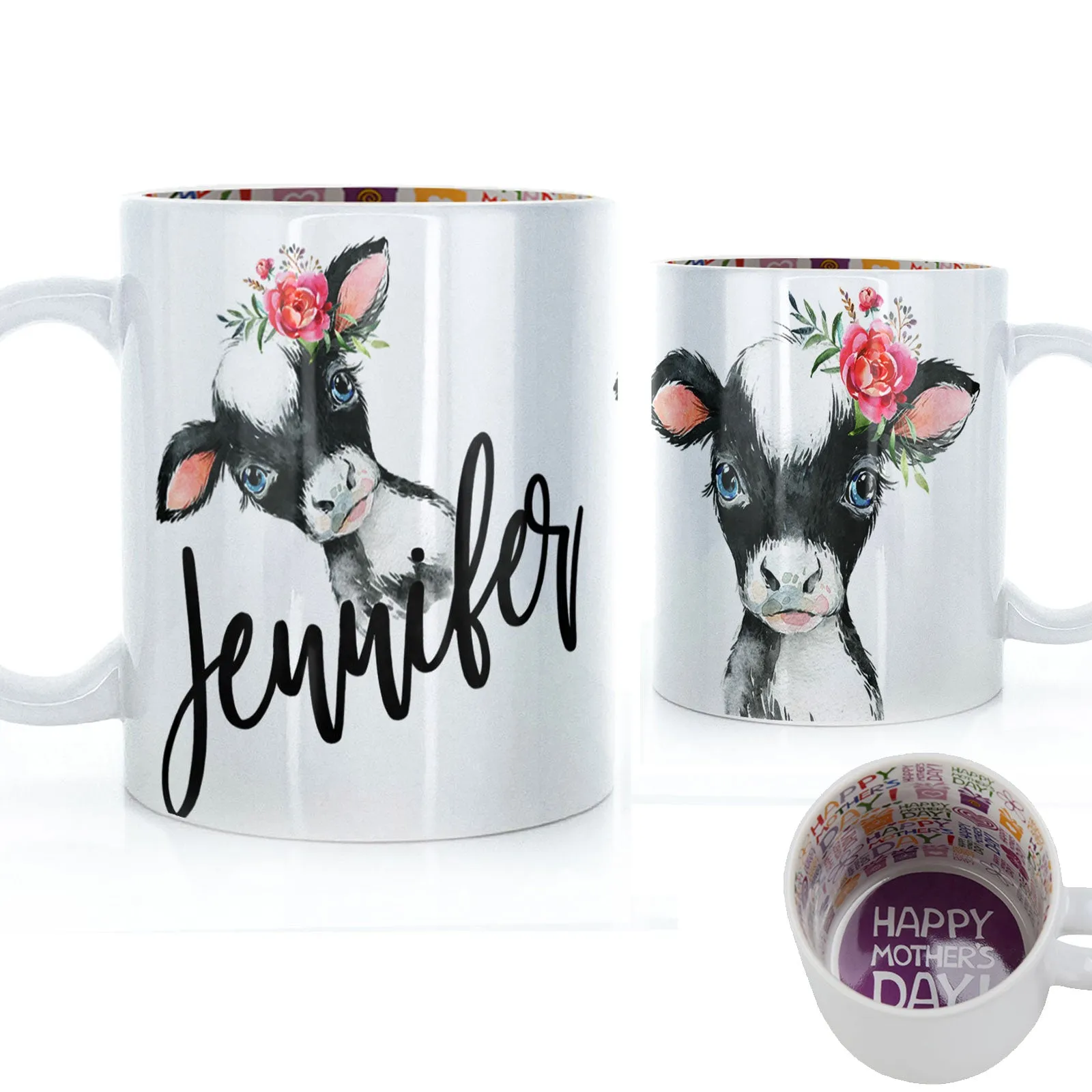 Personalised Mug with Stylish Text and Pink Flower Cow
