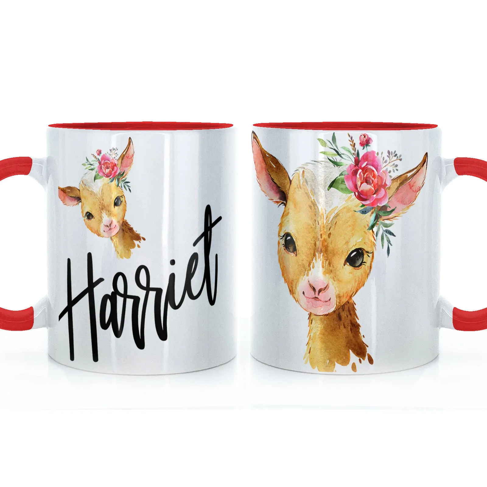 Personalised Mug with Stylish Text and Pink Flower Goat