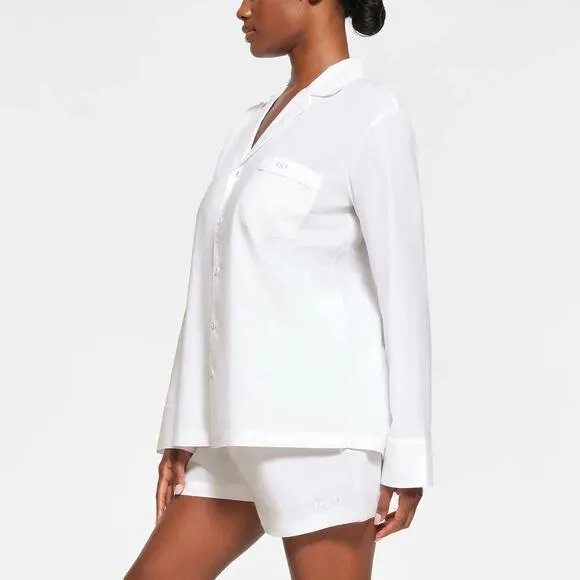 SKIMS Cotton Poplin Sleep Shirt Spa Button Up Long Sleeve Snow Logo White NWT 2X