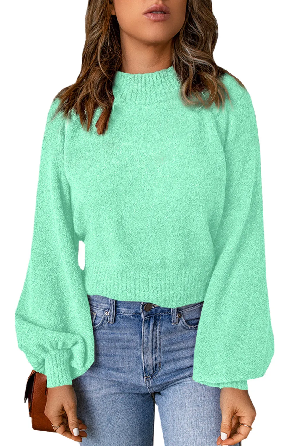 Sky Blue Solid Color Lantern Sleeve Knitted Sweater
