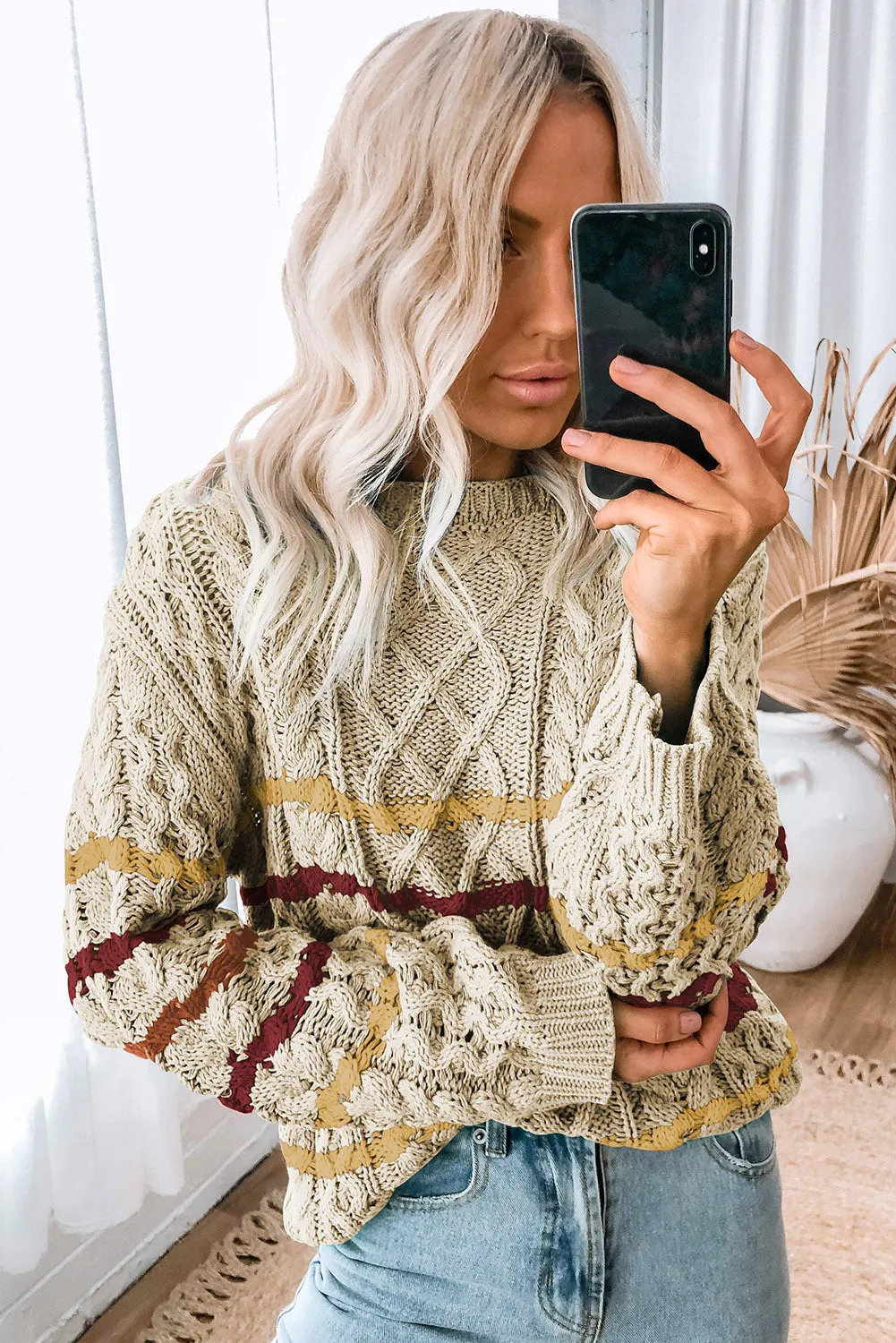 Striped Color Block Textured Knit Pullover Sweater
