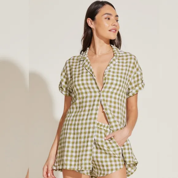 Tallows Linen Short - EcoLinen Avocado Gingham