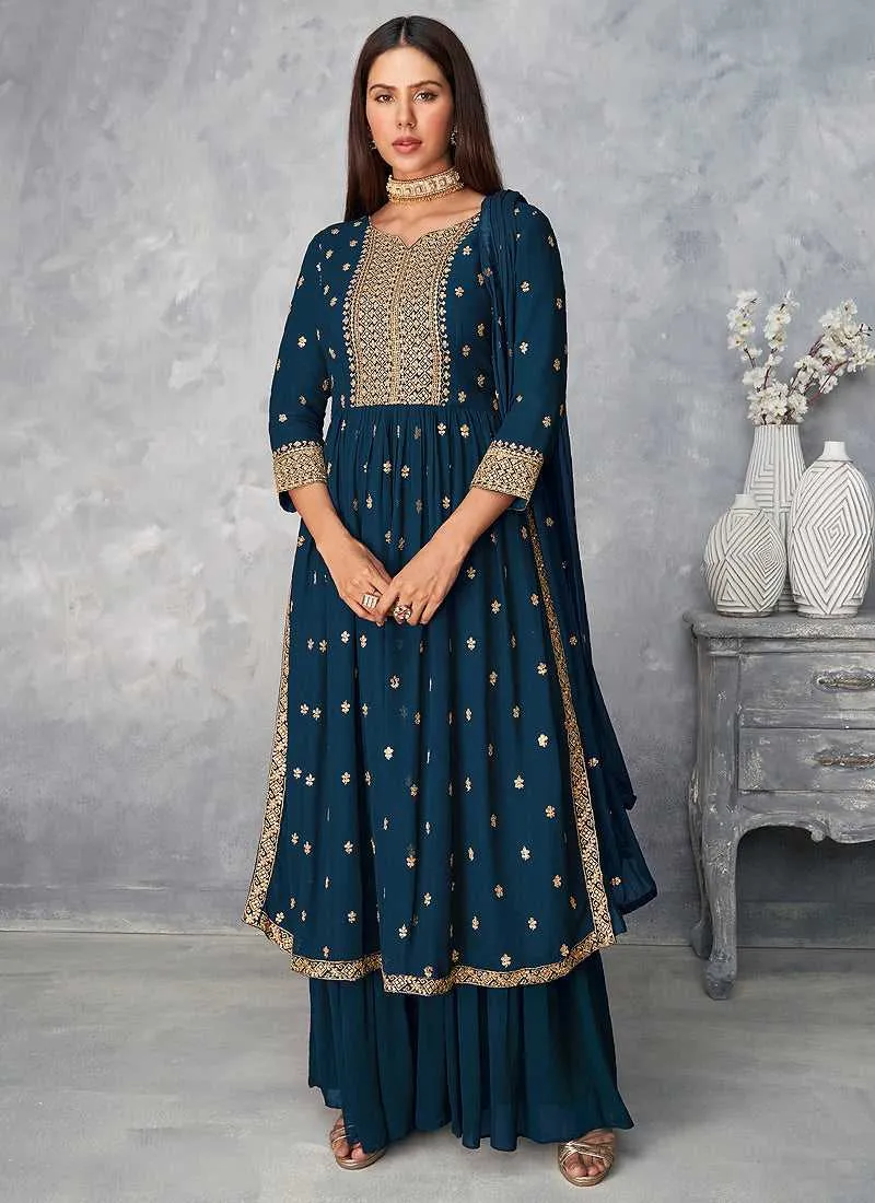 Teal and Gold Heavy Embroidered Stylish Palazzo Suit