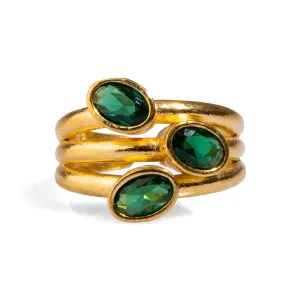 Trio Jade Stone & Gold Stylish Adjustable Cocktail Ring